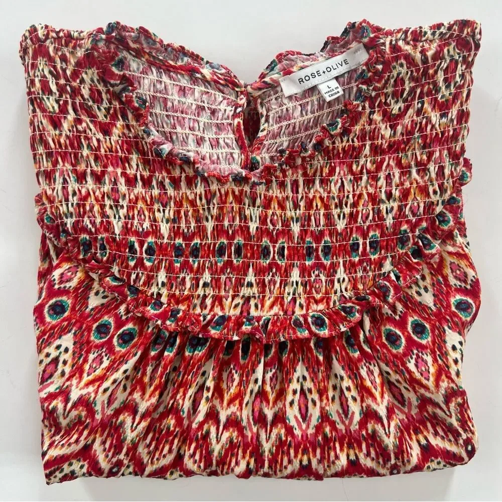 Rose & Olive Boho Smocked Flutter Sleeve Tribal Print Blouse SZ L Western Aztec - Picture 14 of 14